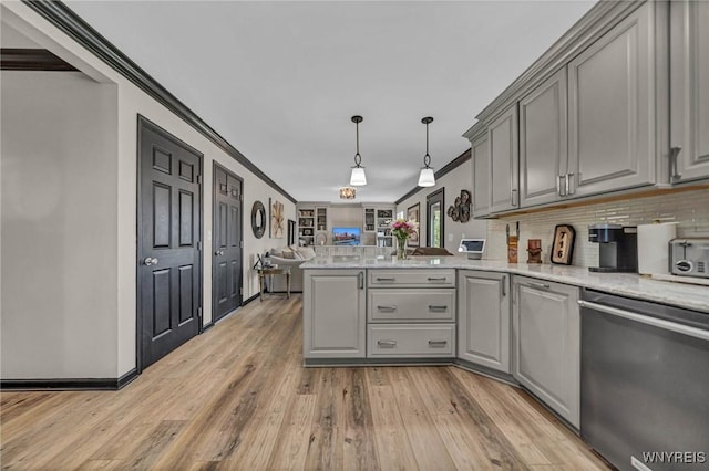 kitchen featuring stainless steel dishwasher, gray cabinetry, ornamental molding, a peninsula, and open floor plan