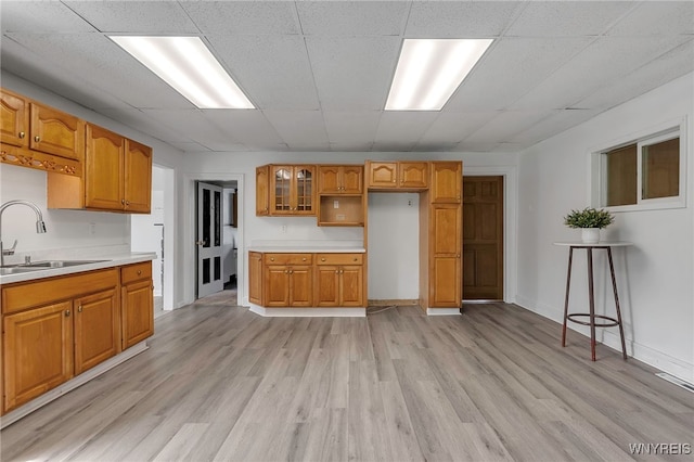 6043 Old Niagara Rd, Lockport Town, NY 14094 - kitchen with a sink, light wood-style flooring, light countertops, glass insert cabinets, and a paneled ceiling