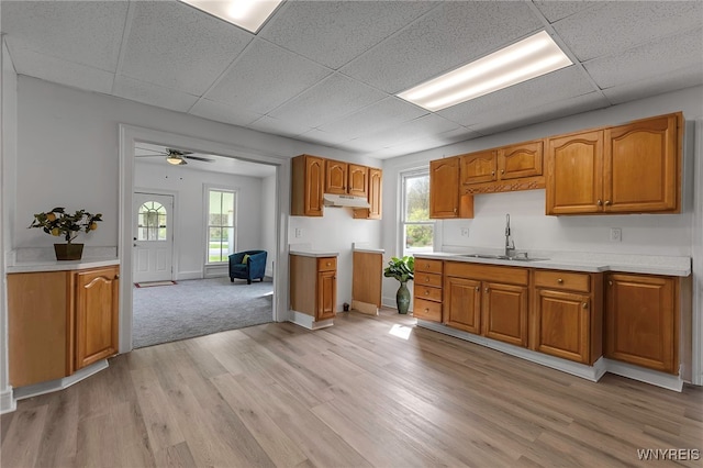 6043 Old Niagara Rd, Lockport Town, NY 14094 - kitchen with a sink, a paneled ceiling, under cabinet range hood, brown cabinets, and light wood-style flooring