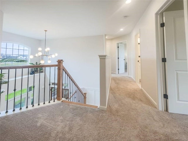 160 Jade Creek Dr, Greece, NY 14468 - hall with an upstairs landing, carpet floors, a chandelier, recessed lighting, and baseboards