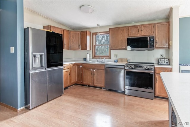 30204 County Route 179, Lyme, NY 13622 - kitchen with appliances with stainless steel finishes, light wood-style floors, light countertops, a sink, and lofted ceiling