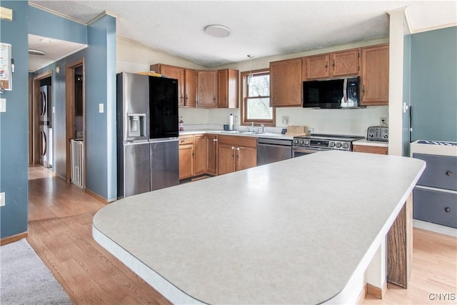 30204 County Route 179, Lyme, NY 13622 - kitchen featuring appliances with stainless steel finishes, light wood-type flooring, light countertops, vaulted ceiling, and a sink