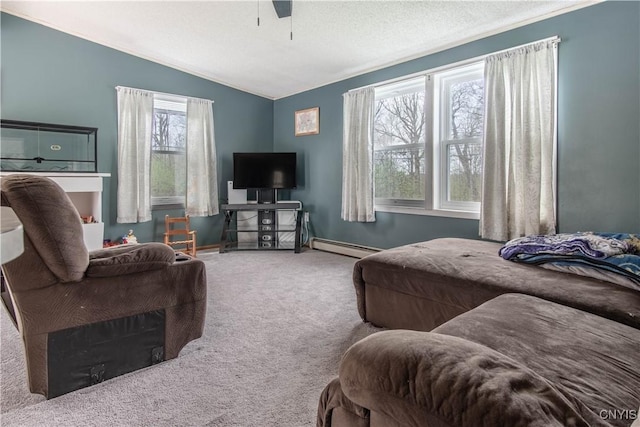 30204 County Route 179, Lyme, NY 13622 - bedroom with carpet, vaulted ceiling, baseboards, a baseboard heating unit, and a ceiling fan