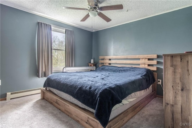 30204 County Route 179, Lyme, NY 13622 - bedroom featuring a baseboard radiator, a textured ceiling, carpet flooring, ornamental molding, and a ceiling fan