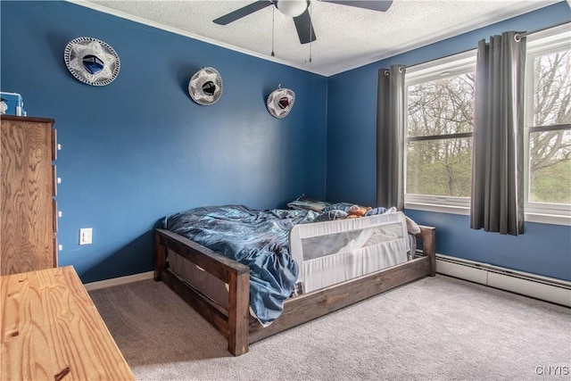 30204 County Route 179, Lyme, NY 13622 - bedroom featuring a textured ceiling, carpet floors, baseboard heating, and a ceiling fan