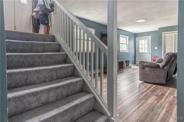 30204 County Route 179, Lyme, NY 13622 - staircase featuring wood finished floors, a textured ceiling, and baseboards