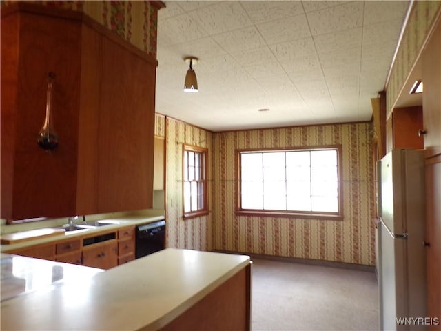 3197 Riverside Dr, Wellsville, NY 14895 - kitchen featuring freestanding refrigerator, dishwasher, wallpapered walls, a sink, and carpet
