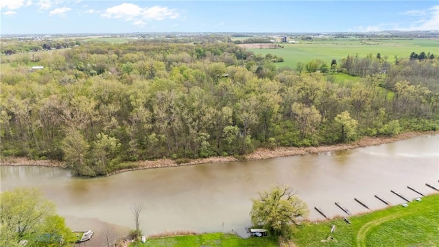aerial overview of property's location featuring a nearby body of water and a forest
