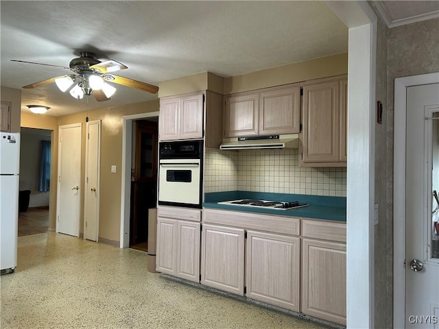 5131 Bear Rd, Clay, NY 13212 - kitchen with white appliances, under cabinet range hood, a ceiling fan, tasteful backsplash, and baseboards