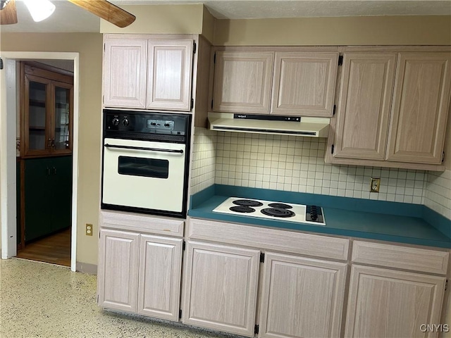 5131 Bear Rd, Clay, NY 13212 - kitchen with white appliances, under cabinet range hood, decorative backsplash, a ceiling fan, and light brown cabinets