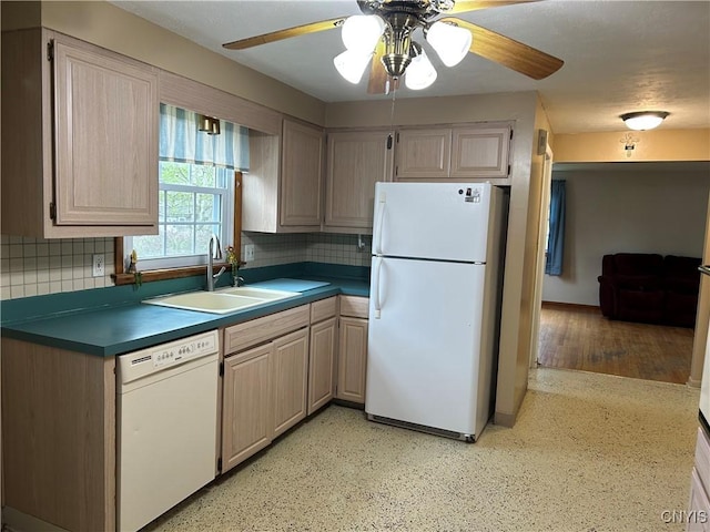 5131 Bear Rd, Clay, NY 13212 - kitchen with white appliances, a sink, decorative backsplash, and ceiling fan