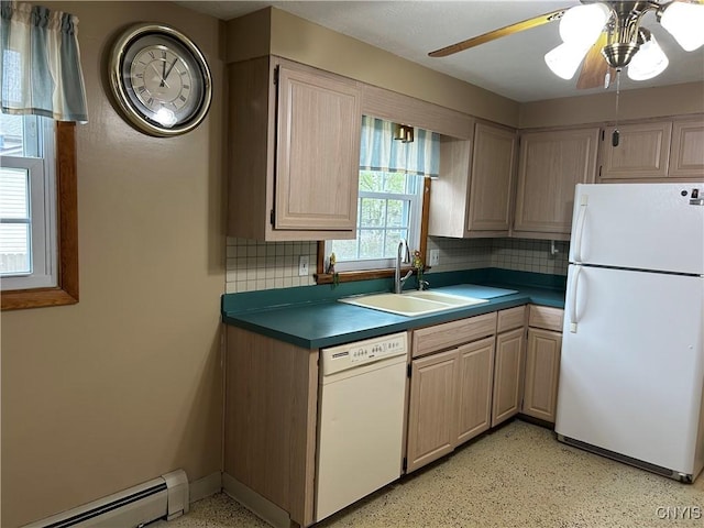 5131 Bear Rd, Clay, NY 13212 - kitchen with white appliances, a baseboard radiator, a sink, and tasteful backsplash