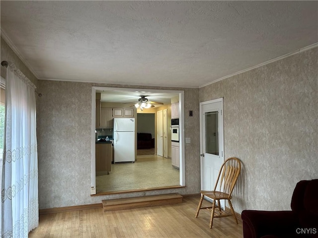 5131 Bear Rd, Clay, NY 13212 - interior space with light wood-type flooring, a textured ceiling, ceiling fan, baseboards, and ornamental molding