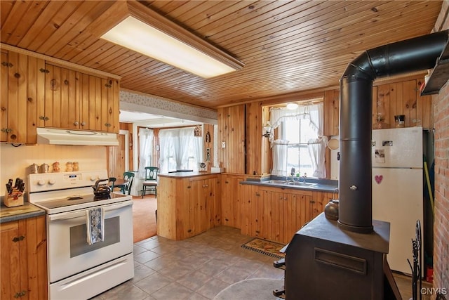 3542 Griffin Rd, Onondaga, NY 13215 - kitchen with white appliances, under cabinet range hood, wood ceiling, a sink, and a peninsula