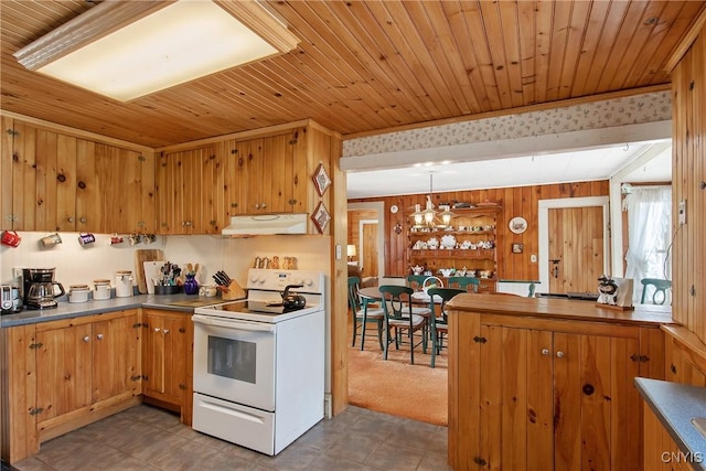 3542 Griffin Rd, Onondaga, NY 13215 - kitchen featuring electric stove, under cabinet range hood, dark countertops, brown cabinets, and wooden ceiling