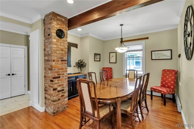 dining space with light wood finished floors, a baseboard heating unit, crown molding, recessed lighting, and baseboards