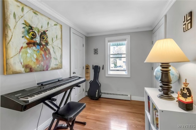 living area featuring a baseboard radiator, light wood-style floors, ornamental molding, and baseboards