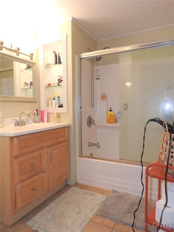 23 Paul St, Auburn, NY 13021 - bathroom with tile patterned floors, vanity, shower / bathtub combination, and crown molding