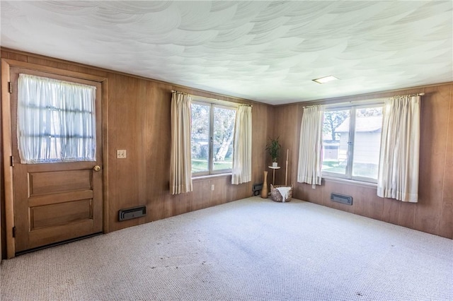 carpeted spare room featuring wooden walls