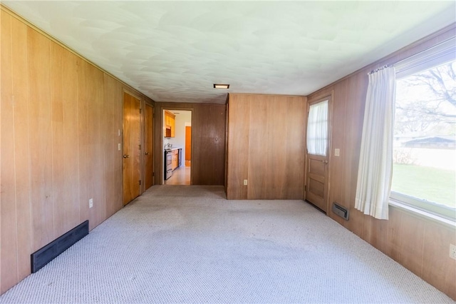 unfurnished room with wood walls and light colored carpet