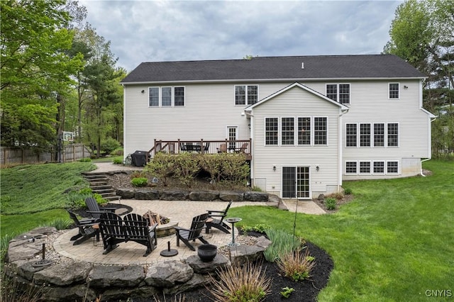 4314 Arbutus Dr, Pompey, NY 13104 - rear view of house featuring an outdoor fire pit, a lawn, a wooden deck, and a patio