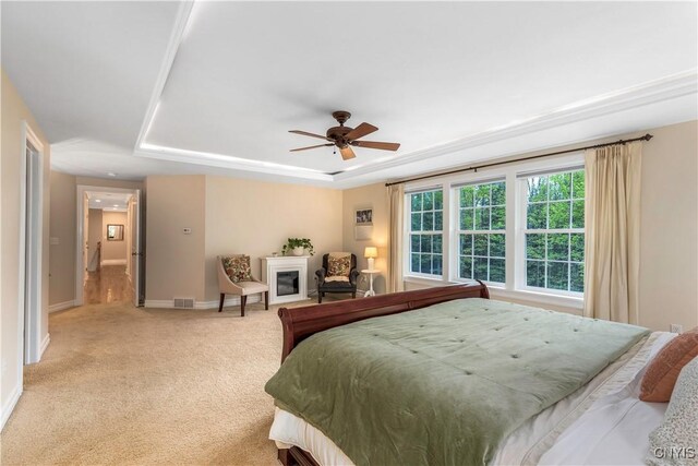 4314 Arbutus Dr, Pompey, NY 13104 - bedroom with a raised ceiling, light carpet, baseboards, and a ceiling fan