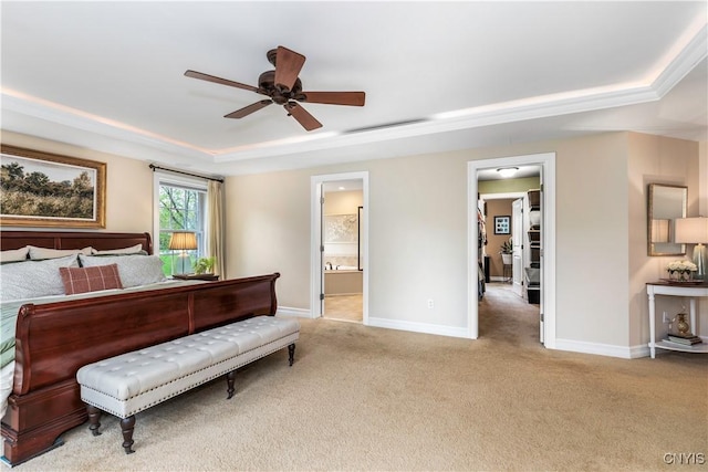 4314 Arbutus Dr, Pompey, NY 13104 - carpeted bedroom with a raised ceiling, baseboards, ensuite bathroom, and a ceiling fan