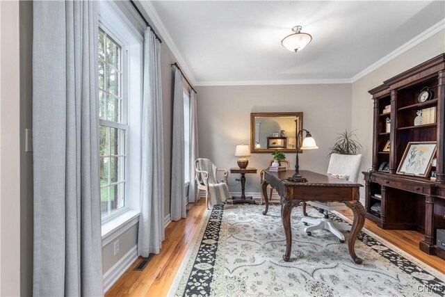 4314 Arbutus Dr, Pompey, NY 13104 - office with crown molding, light wood finished floors, and baseboards