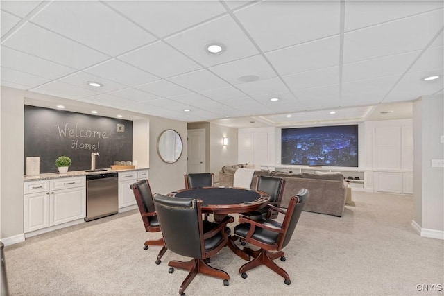 4314 Arbutus Dr, Pompey, NY 13104 - dining area featuring bar with sink, light colored carpet, recessed lighting, a drop ceiling, and baseboards