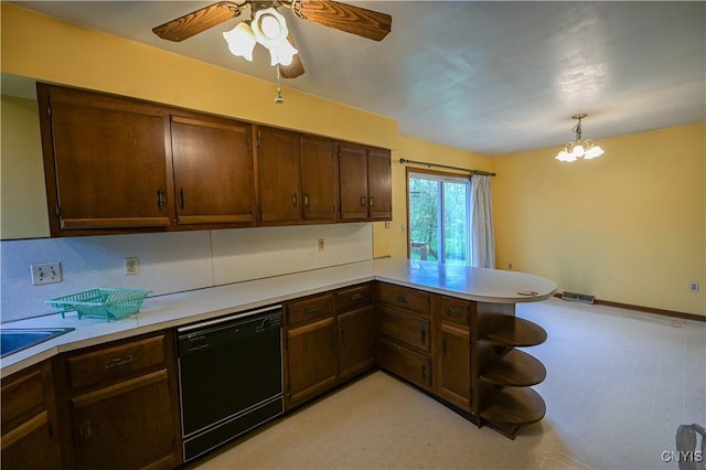 kitchen with black dishwasher, light countertops, a peninsula, and a ceiling fan