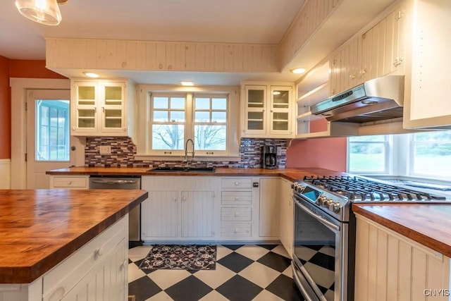 1957 Torpy Pond Rd, Georgetown, NY 13061 - kitchen with wood counters, appliances with stainless steel finishes, a sink, under cabinet range hood, and light floors