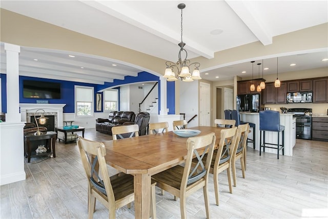 5088 E Lake Rd, Gorham, NY 14544 - dining room with stairs, beamed ceiling, light wood-style flooring, a chandelier, and recessed lighting