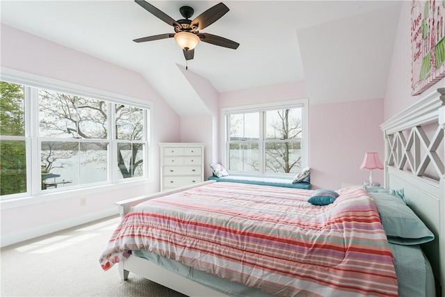 5088 E Lake Rd, Gorham, NY 14544 - bedroom with multiple windows, lofted ceiling, baseboards, carpet flooring, and a ceiling fan