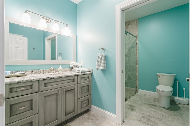 5088 E Lake Rd, Gorham, NY 14544 - bathroom featuring marble look tiles, a stall shower, baseboards, vanity, and toilet