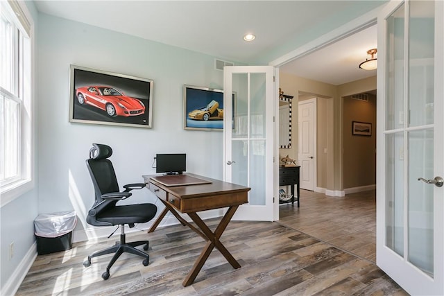 5088 E Lake Rd, Gorham, NY 14544 - home office featuring french doors, dark wood-style floors, baseboards, and recessed lighting