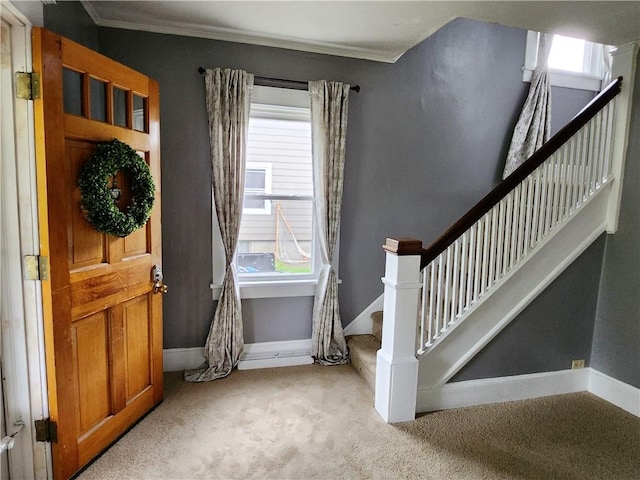515 Park Pl, Erwin, NY 14870 - carpeted entryway with stairway, crown molding, and baseboards