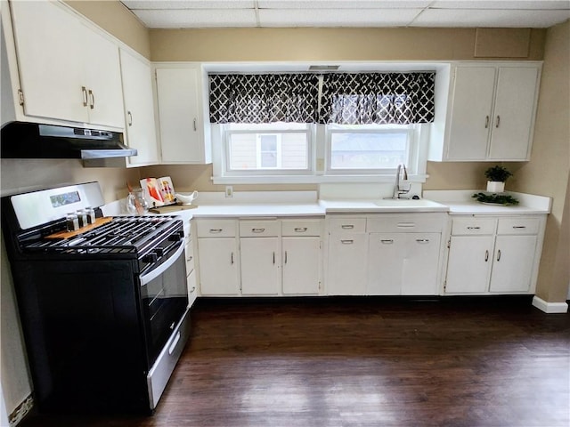 515 Park Pl, Erwin, NY 14870 - kitchen with stainless steel gas range, under cabinet range hood, a sink, dark wood finished floors, and light countertops