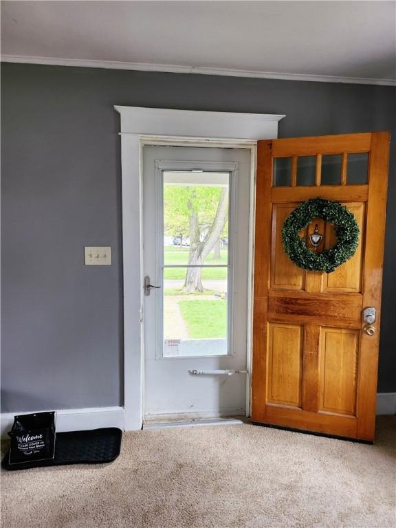 515 Park Pl, Erwin, NY 14870 - doorway to outside with carpet, ornamental molding, and baseboards