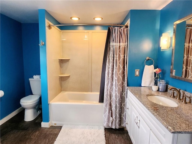 515 Park Pl, Erwin, NY 14870 - full bath with toilet, shower / bathtub combination with curtain, wood finished floors, vanity, and baseboards
