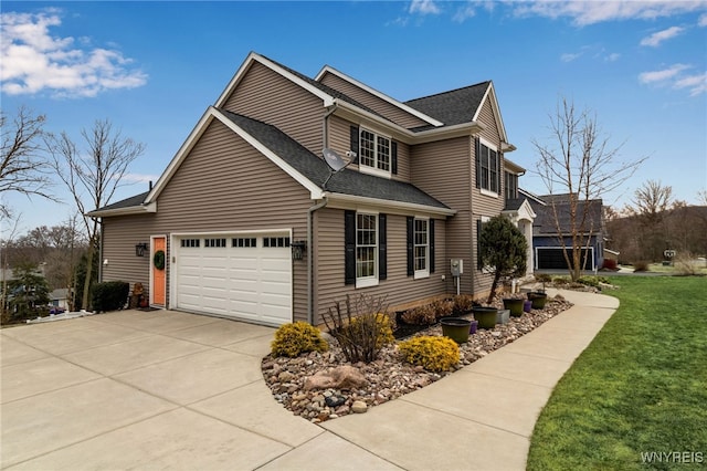 view of property exterior featuring driveway, an attached garage, a yard, and a shingled roof