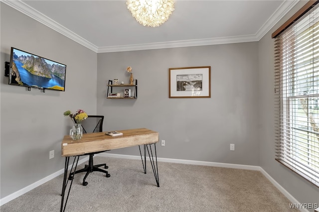 carpeted office with crown molding, a chandelier, and baseboards