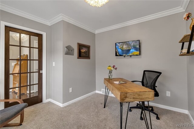 carpeted home office with crown molding and baseboards