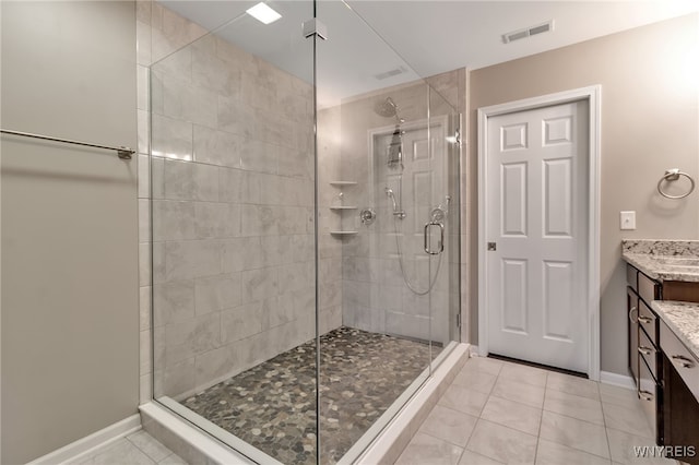 bathroom featuring a shower stall, tile patterned floors, vanity, and baseboards