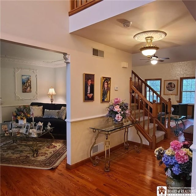 384 Flickerwood Rd, Kane-Borough, PA 16735 - living room featuring ceiling fan, wood finished floors, stairway, and baseboards