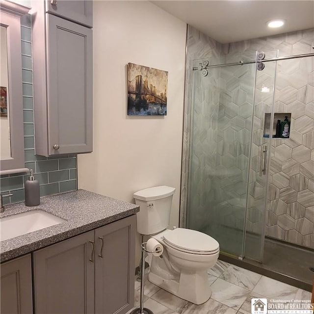 384 Flickerwood Rd, Kane-Borough, PA 16735 - bathroom featuring toilet, vanity, a shower stall, marble look tile flooring, and recessed lighting