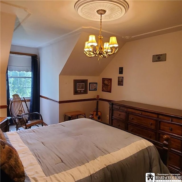 384 Flickerwood Rd, Kane-Borough, PA 16735 - bedroom featuring a chandelier and lofted ceiling