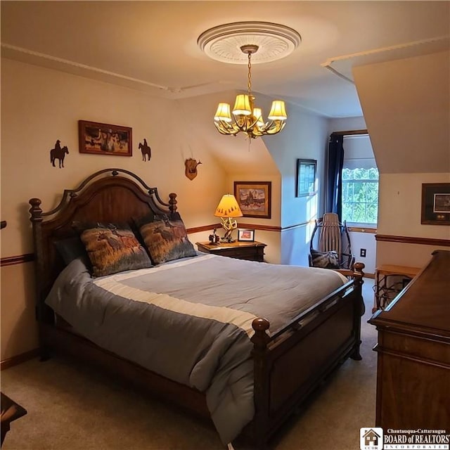 384 Flickerwood Rd, Kane-Borough, PA 16735 - bedroom featuring a chandelier, carpet floors, baseboards, and vaulted ceiling