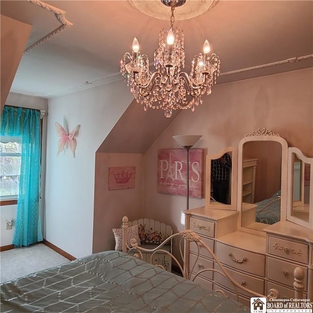 384 Flickerwood Rd, Kane-Borough, PA 16735 - bedroom featuring carpet floors, a chandelier, and baseboards