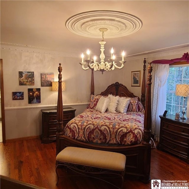 384 Flickerwood Rd, Kane-Borough, PA 16735 - bedroom with a chandelier, ornamental molding, and wood finished floors
