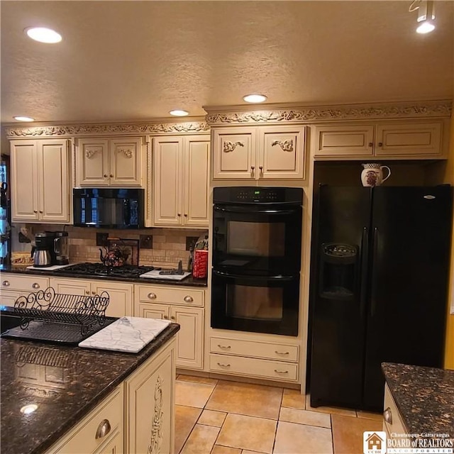 384 Flickerwood Rd, Kane-Borough, PA 16735 - kitchen featuring black appliances, light tile patterned floors, decorative backsplash, cream cabinetry, and recessed lighting